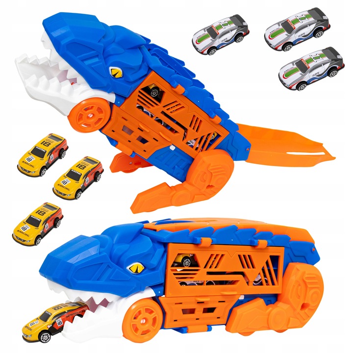 Camion dinozaur lansator de masinute transportor tobogan + 6 x masinute