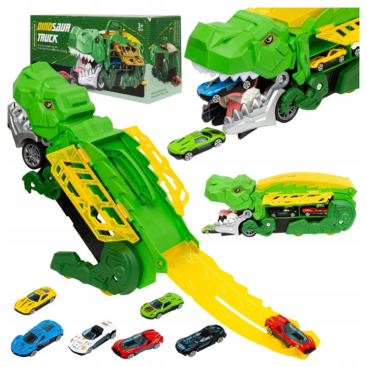 Camion dinozaur devorator de masinute transportor 2‑in‑1 dino truck + masinute