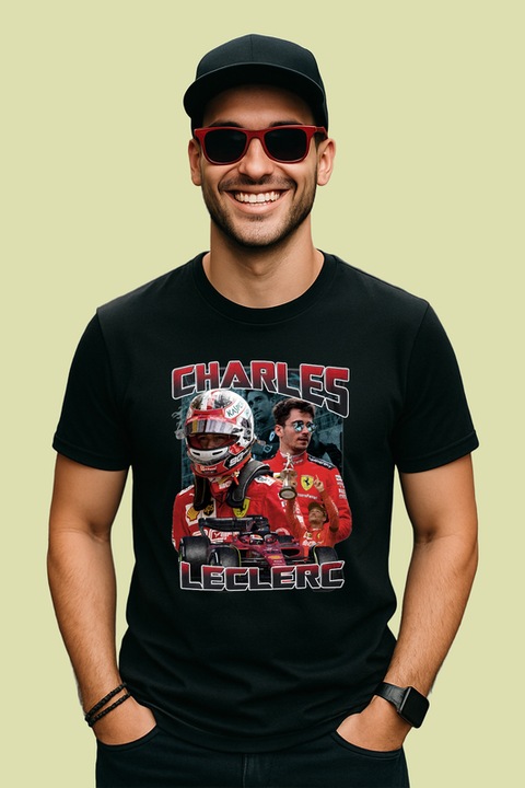 Tricou Barbat Charles Leclerc Portret Dublu Ferrari Formula 1, Negru