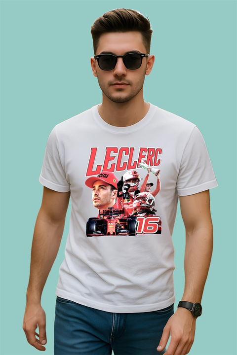 Tricou Barbat Charles Leclerc Masina Si Trofeu Echipa Ferrari Formula 1, Alb