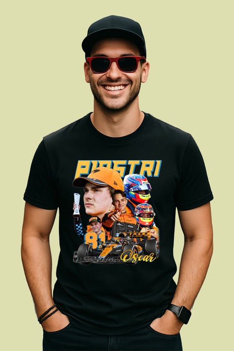 Tricou Barbat Oscar Piastri Poster Masina Echipa Mclaren Formula 1, Negru
