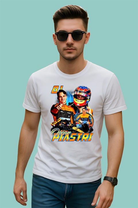 Tricou Barbat Oscar Piastri Colaj Costum Portocaliu Mclaren Formula 1, Alb