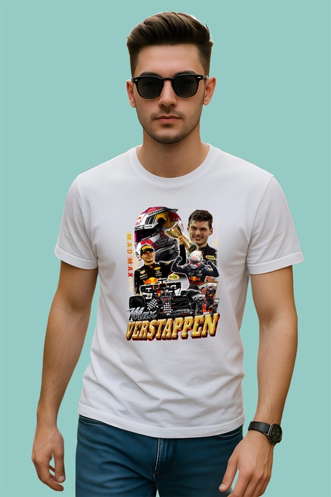 Tricou Barbat Max Verstappen Colaj Cu Echipa Red Bull Formula 1, Alb