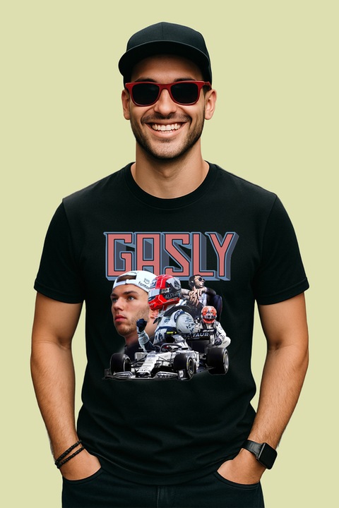 Tricou Barbat Pierre Gasly Masina Si Portret Costum Alfatouri Formula 1, Negru