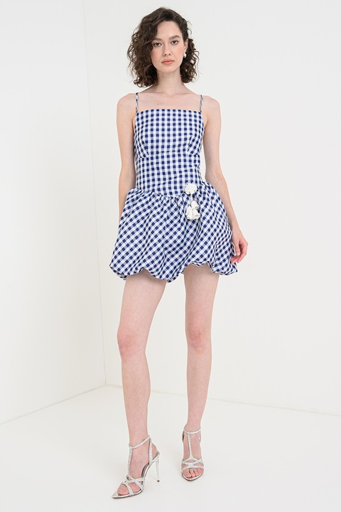 Self-Portrait, Къса карирана рокля с декоративна апликация, Бял/Тъмносин