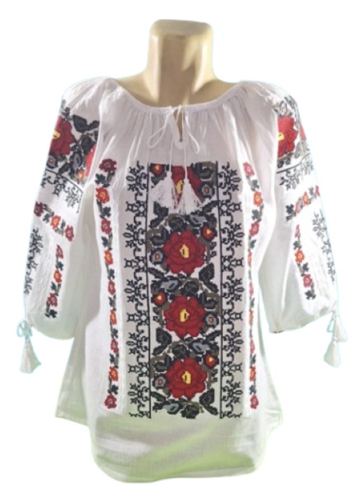 Ie traditionala pentru dama, Alb, cu model floral deosebit, rosu inchis