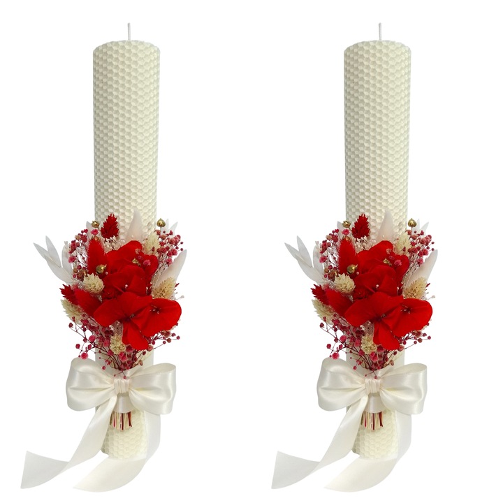 Lumanari nunta/cununie din ceara naturala, decorate cu flori criogenate si flori uscate, H35/D5 cm, Ivory