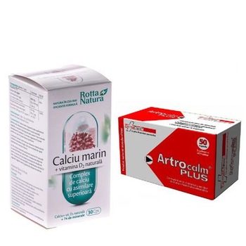 Pachet Fara dureri articulare, Artrocalm plus 50 CPS FarmaClass, Calciu marin cu vitamina D2 naturala 30 CPS Rotta Natura Pachet Fara dureri articulare, Artrocalm plus 50 CPS FarmaClass, Calciu marin cu vitamina D2 naturala 30 CPS Rotta Natura