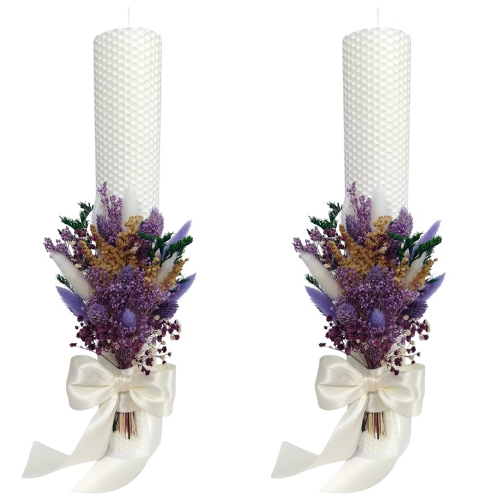 Lumanari nunta/cununie din ceara naturala, decorate cu flori criogenate si uscate, H35/D5 cm, Alb