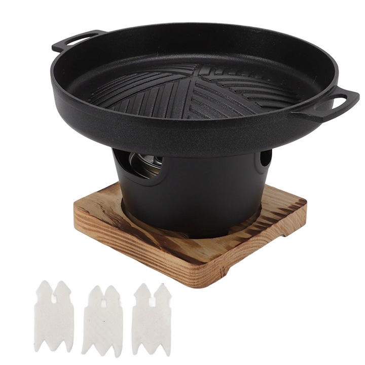 Gratar mini de masa ZYBLSSBB HN-BBQ18D, portabil fara fum, plita gratar din aliaj de aluminiu cu maner din stejar, negru