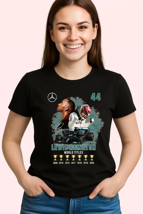 Tricou Dama Lewis Hamilton Colaj Masina Trofee Mercedes Formula 1, Negru
