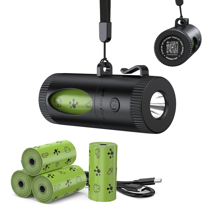 PawView® Dispenser pungi igienice pentru caini si pisici cu lanterna LED reincarcabila USB-C, dispenser manual cu reinfasurare si carlig hands-free, ideal pentru plimbari de seara si noapte, include 60 pungi