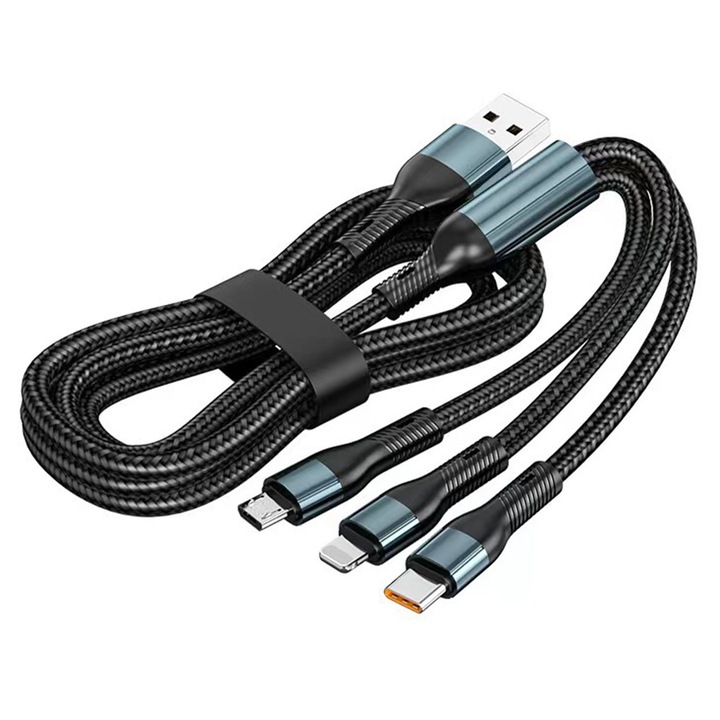 Cablu de date si incarcare Rapida, 3 in 1, cu conector port Type-C/Micro USB/IPh, 120W, impletit din nailon, TOIITKQ, albastru