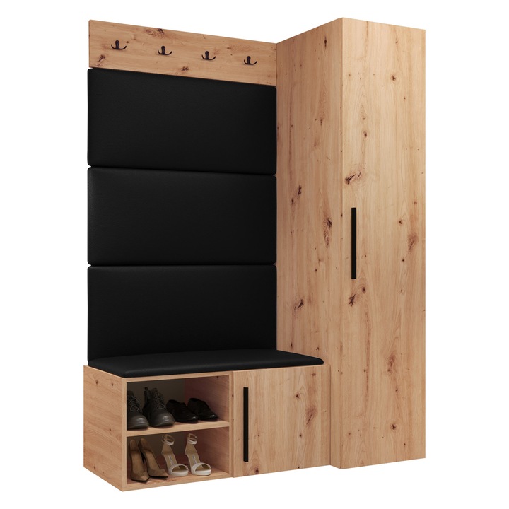 Mobilier pentru hol Hekurt II, MIRJAN 24, stejar artisan + negru piele ecologica