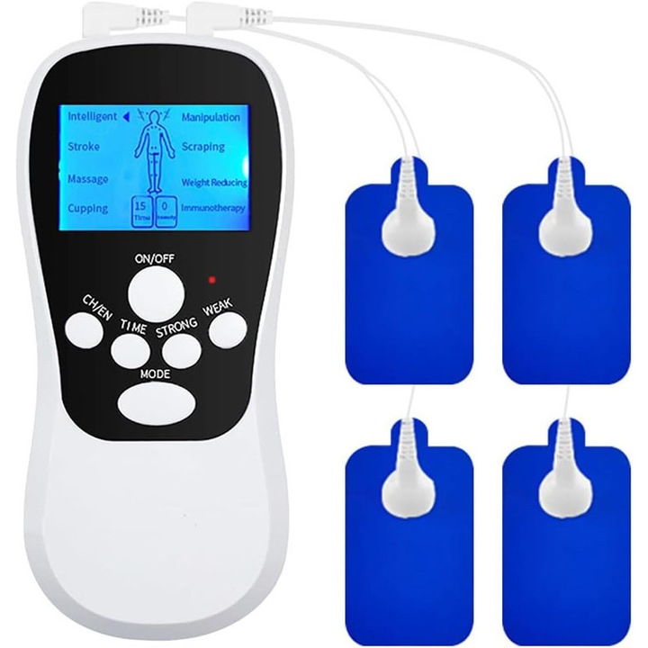 TENS масажен апарат, мускулен стимулатор за облекчаване на болката, 8 масажни режима, 4 електрода, преносим, компактен размер