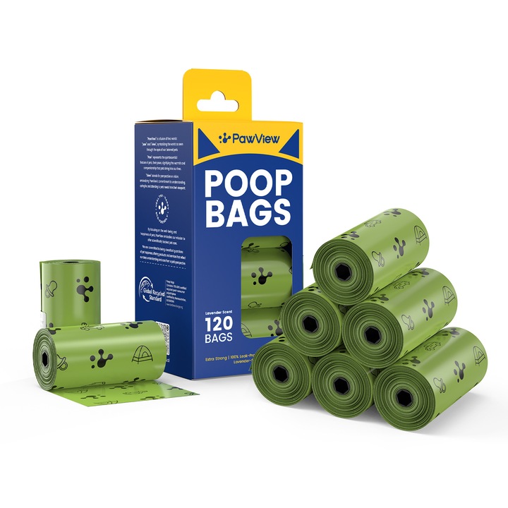 PawView® Pungi pentru Deseuri Animale, Set 120 Bucati, Ecologice, Rezistente la Scurgeri 100% Garantat, Lungi, Parfumate cu Lavanda – Pungi Igienice pentru Caini si Catei (Verde)