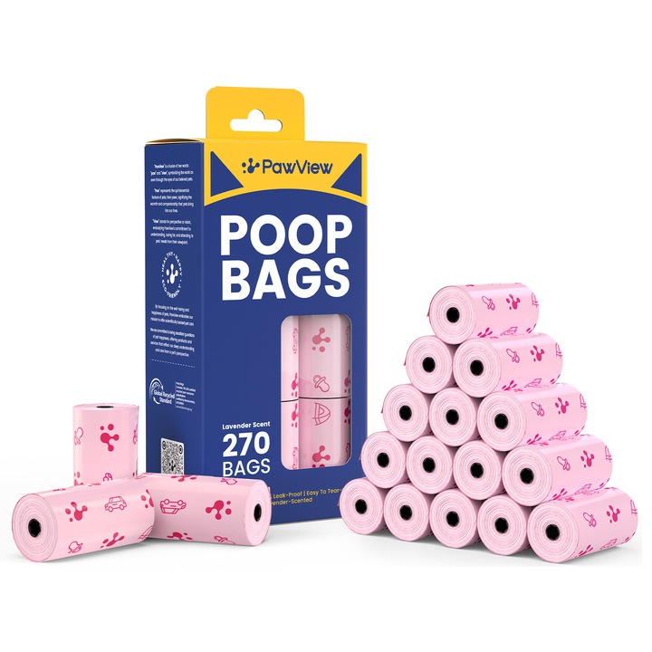 PawView® Pungi pentru Deseuri Animale, Set 270 Bucati, Ecologice, Rezistente la Scurgeri 100% Garantat, Lungi, Parfumate cu Lavanda – Pungi Igienice pentru Caini si Catei (Roz)