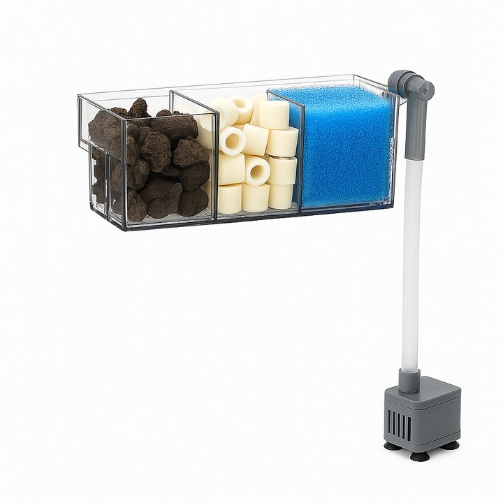Filtru Intern Modular Acvariu – 3 Compartimente, 5W, Silentios, Oxigenator Integrat, Ideal pentru Acvarii 30–40 cm