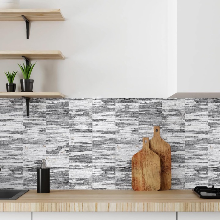 Set 48 de placi tapet autoadeziv din PVC, aspect lemn, aspect 3D in relief, rezistent la apa, adeziv puternic, usor de montat, pentru blaturi bucatarie, mobilier, usi, pereti, 7.62 x 15.24 cm, tonuri de gri