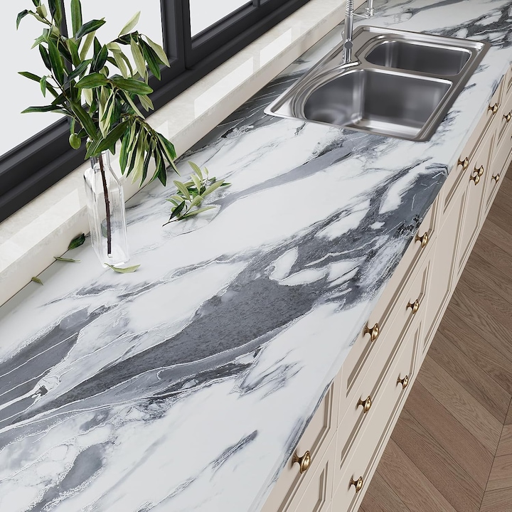 Tapet autoadeziv din PVC, model marmura cu accente gri si argintii, rezistent la apa, adeziv puternic, usor de montat si de taiat, pentru blaturi bucatarie, mobilier, usi, pereti, 40 x 300 cm