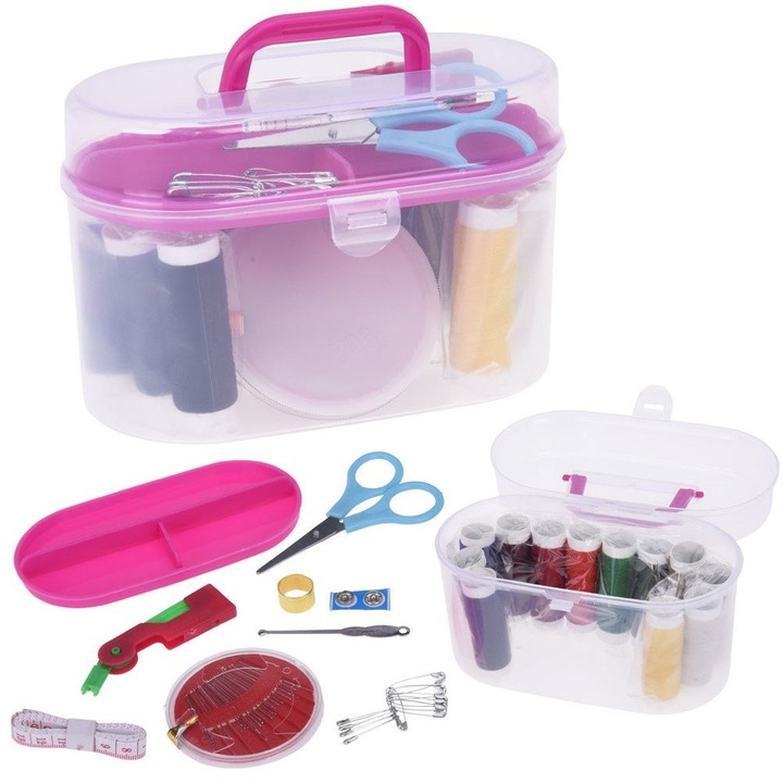 Set De Accesorii Pentru Cusut Cu Recipient, Excellent Houseware, 50 De Elemente, Organizator, Inchis Cu Clipsuri, Fire Rezistente Si Elastice, Include Fire De Diferite Culori, Ace, Foarfece, Ruleta De Croitorie, Nasturi, Degetar, Multicolor