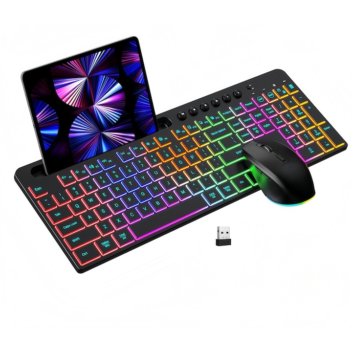Set tastatura si mouse wireless, 2.4G, chiclet, 115 taste, tastatura numerica, 6 taste pentru control media, silentios, mouse de birou performant, ambidextru, DPI 800-1600, incarcare TYPE-C, ergonomic, luminare RGB, potrivit pentru birou si studiu, negru