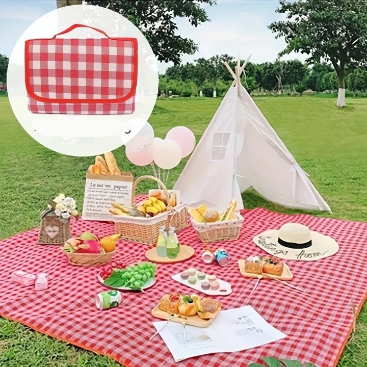 Covor de picnic si plaja, impermeabil pe ambele parti, pliabil, cu maner, 200×150 cm, Material Premium– rosu cu carouri albe
