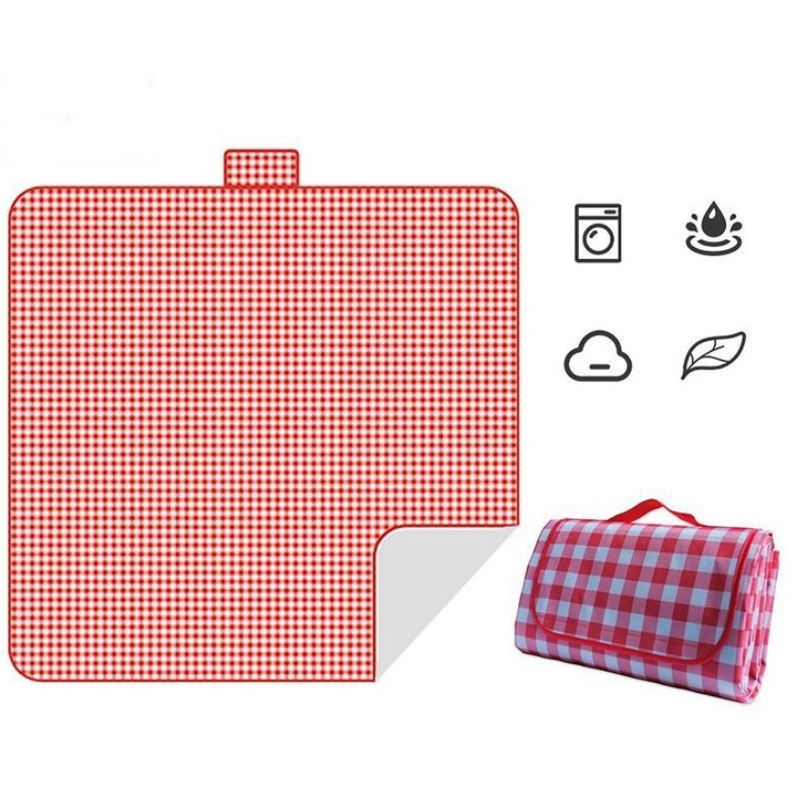 Сгъваем постелка за пикник и плаж с дръжка, Водоустойчив, 200×150 см, червен с бели карета