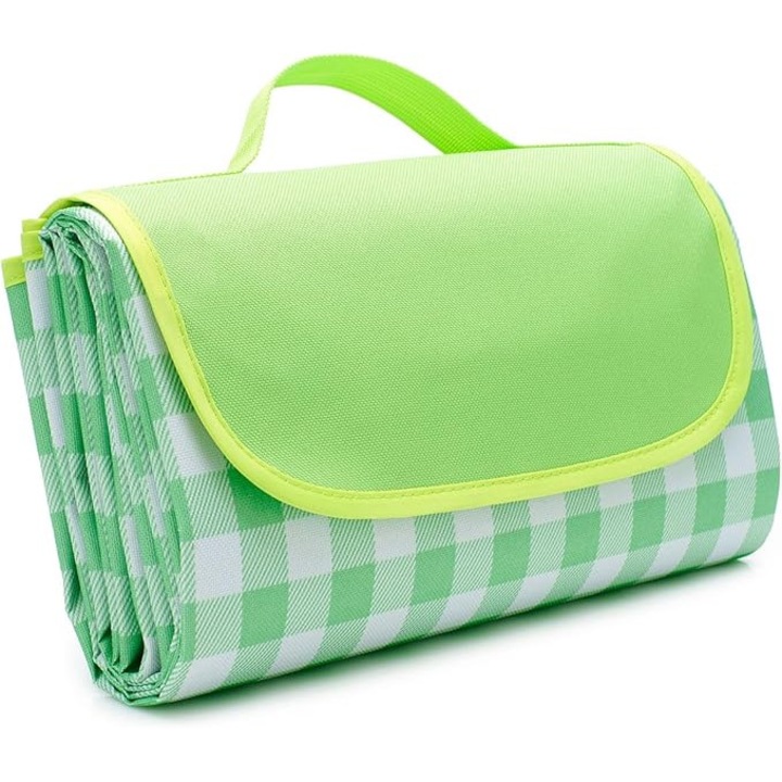 Водоустойчива, сгъваема постелка за пикник и плаж с дръжка, 200×150 см – зелена с бели карета