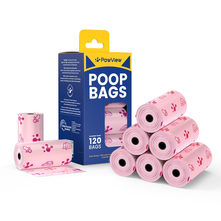 PawView® Pungi pentru Deseuri Animale, Set 120 Bucati, Ecologice, Rezistente la Scurgeri 100% Garantat, Lungi, Parfumate cu Lavanda – Pungi Igienice pentru Caini si Catei (Roz)