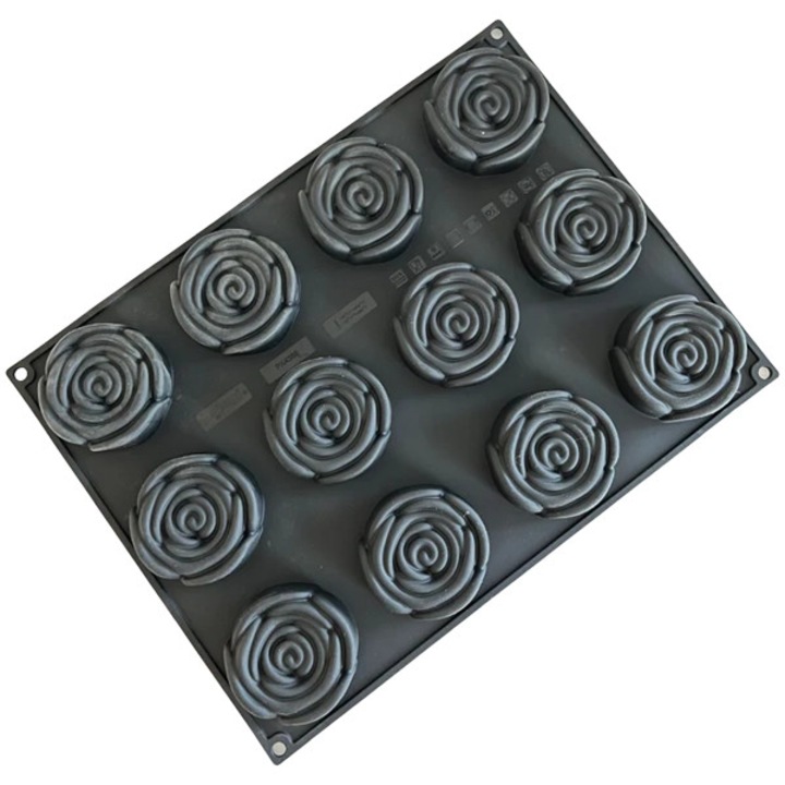 Forma din silicon pentru monoportii, Trandafir by Cédric Grolet, 12 cavitati, 400x300mm, Ø78x26mm, 100 ml