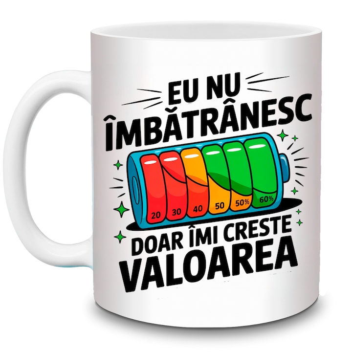 Vicces bögre ajándék – „Nem öregszem, csak értékesebbé válok” – Vicces üzenet, 330ml, kerámia, fehér, évfordulós