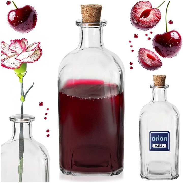 Стъклена бутилка с корк, Orion, 530 мл, 7.5x7.5x18 см, Плътно затваряне с корк, Универсална употреба, Декоративен акцент в интериора, Прозрачна