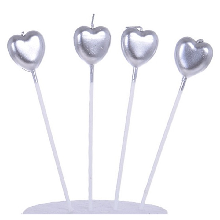 Комплект от 4 свещи за торта във формата на сърце, Cake Land, сребърни, диаметър 3 см, дължина 14 см