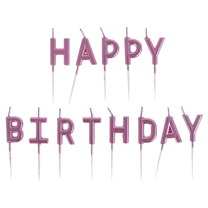 Комплект от 13 свещи за торта ЧЕСТИТ РОЖДЕН ДЕН, Cake Land, розово злато, 2.5 см