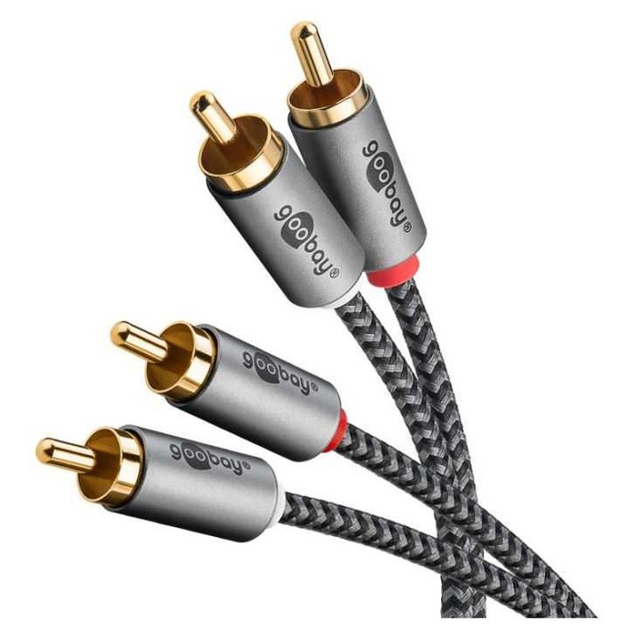 Cablu stereo 2x RCA tata-tata 3m premium extrem de flexibil textil negru Goobay Plus 65294