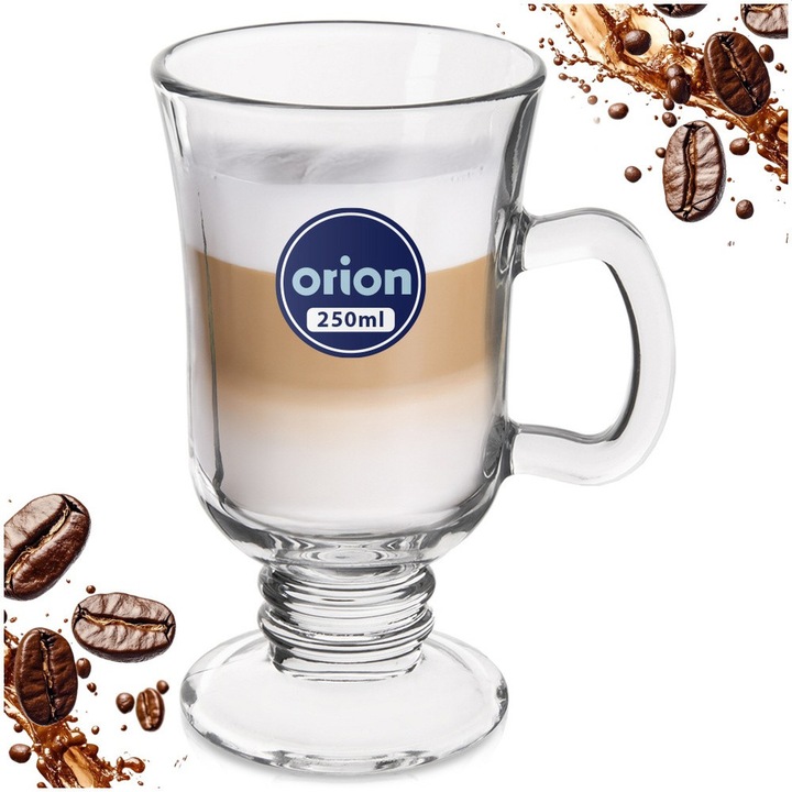 Cana Pentru Cafea, Orion, 250 ml, 10.5x7.7x14 cm, Sticla, Potrivita Pentru Spalare In Masina De Spalat Vase, Cana Inalta Cu Maner, Forma Eleganta Cu Picior, Transparenta