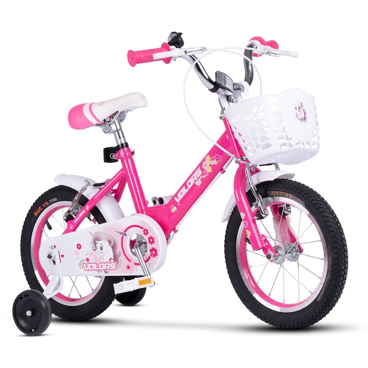 Детски велосипед 3-5 години Kids BMX Princess JSX1402, 14" колела, предни и задни V-Brake спирачки, широки MTB гуми, помощни колела, цвят фуксия