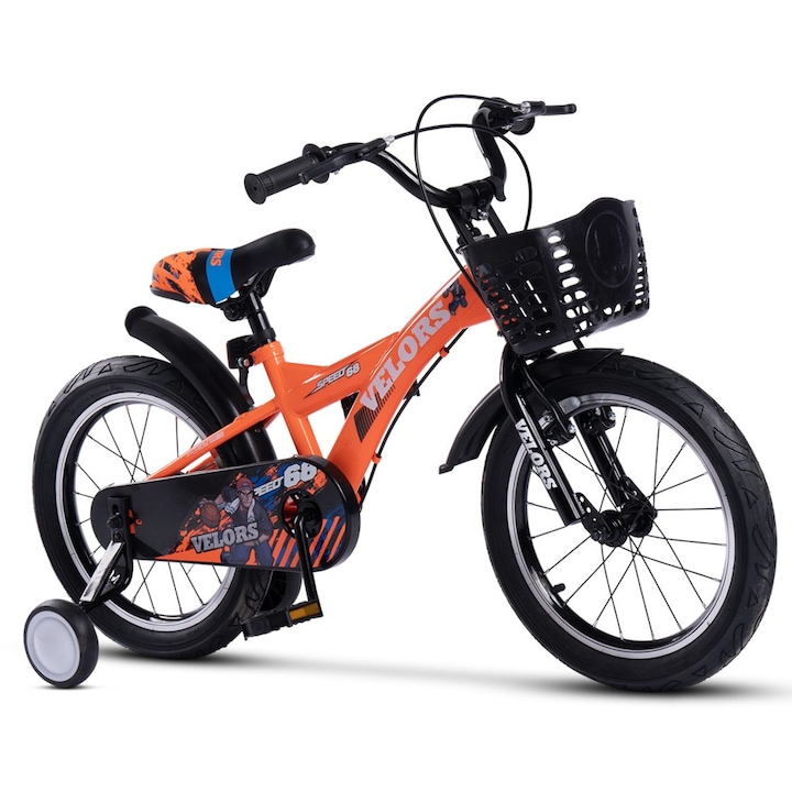 Gyerekkerékpár 4-6 éves Kids BMX Speed V1601, 16"-os kerekek, elöl és hátul V-fék, széles MTB gumik, pótkerekek, narancssárga