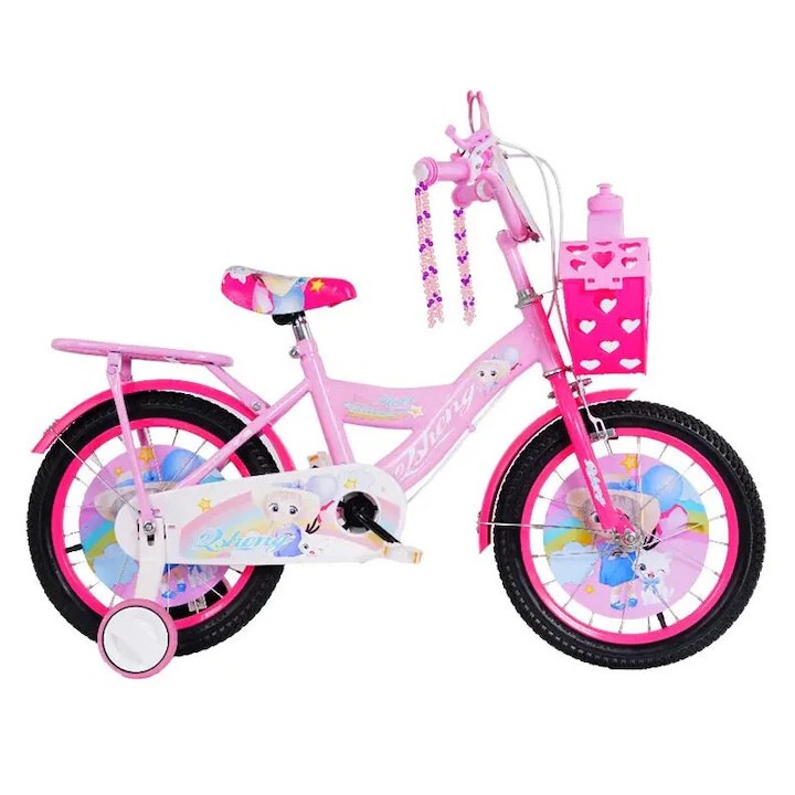 Велосипед за момичета с предна кошница във формата на сърце, седалка за кукла и помощни колела, дизайн „Принцеса“, огледало, калници, предни и задни спирачки, препоръчителна възраст 4-6 години, 16-инчови колела, розов цвят