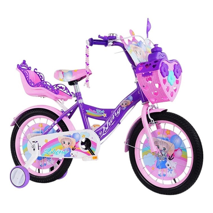 Велосипед за момичета с предна кошница във формата на сърце, седалка за кукла и помощни колела, дизайн с принцеса, огледало, калници, спирачки отпред и отзад, препоръчителна възраст 2-4 години, 12-инчови колела, лилав цвят