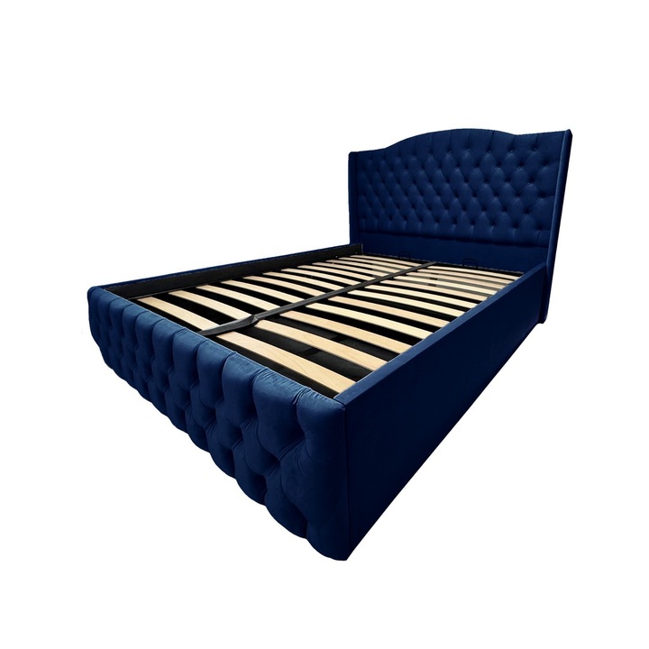 Pat dublu tapitat Luna 160 x 200 albastru cu somiera