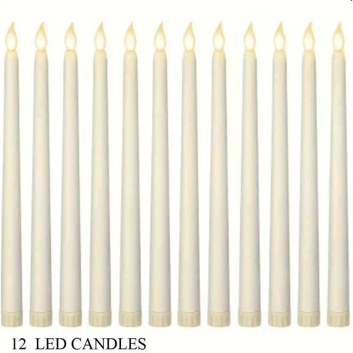 12 darabos dekoratív LED gyertya készlet, elefántcsont színű, 28 cm magas, pislákoló láng, valósághű megjelenés