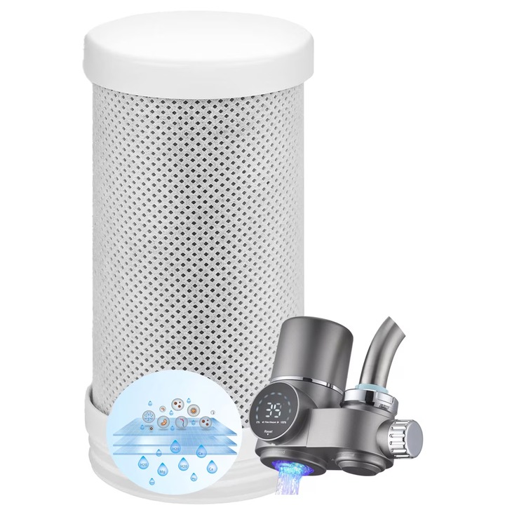 Cartus Filtrant, VisZone, Rezerva pentru Filtru de apa pentru robinet cu afisaj digital, Lumina UV, Carbune Activ, Elimina impuritatile, Metalele grele, Trateaza apa, Elimina clorul, Purifica apa