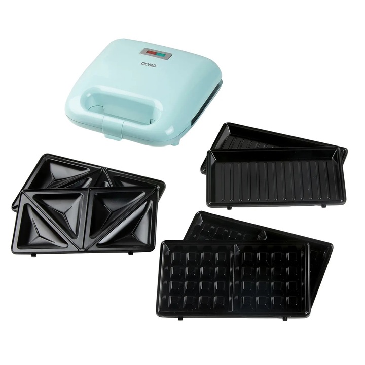 Sandwich maker 3in1 DOMO, ideal pentru sandwich-uri/gofre/grill, placi antiaderente fara PFOA, termostat, indicatoare luminoase, curatare usoara, preparare rapida, bleu pastel