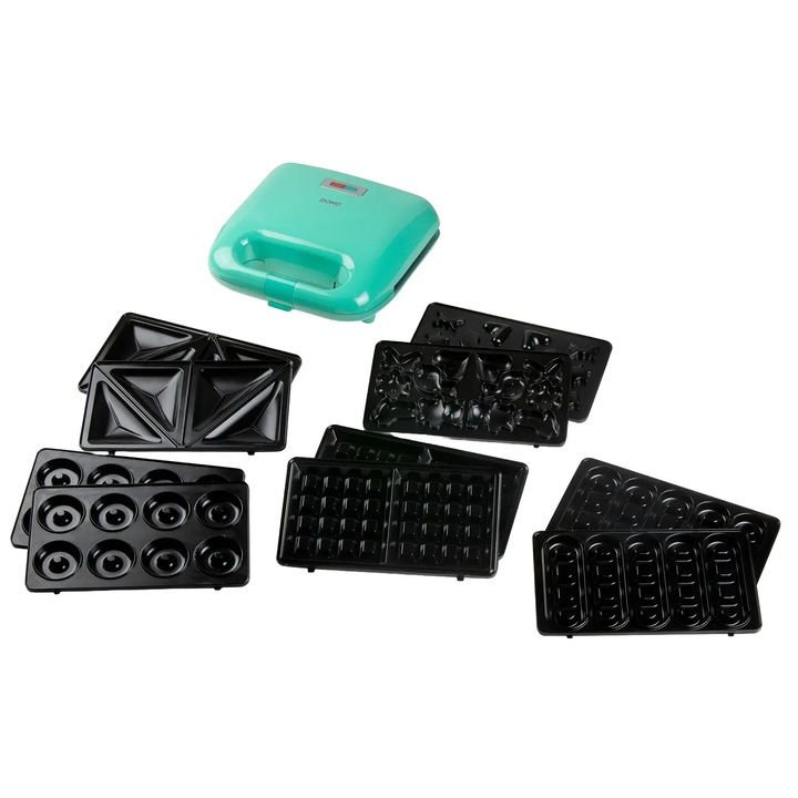 Sandwich maker 5in1 DOMO, ideal pentru sandwich-uri/gofre/gogosi, placi antiaderente fara PFOA, termostat, indicatoare luminoase, curatare usoara, preparare rapida, turcoaz