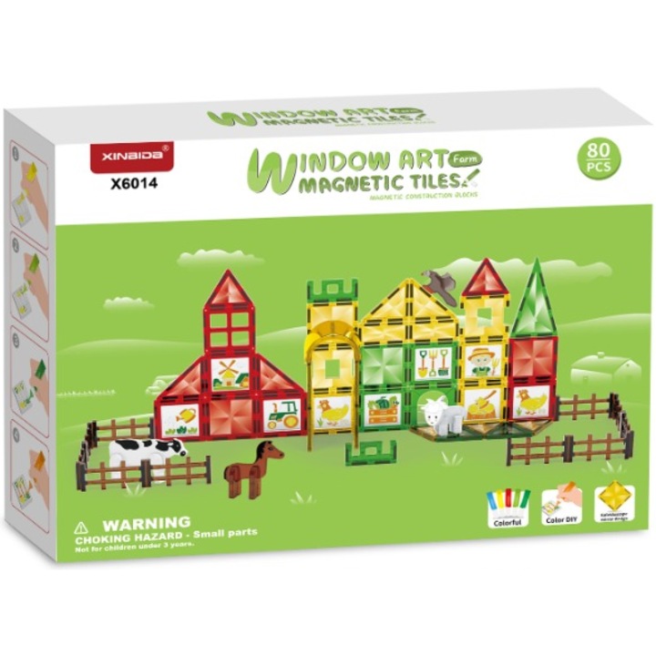 Set Inteligent Constructie Magnetic, Educativ, Creativ, VALA® FARM MAGNETIC BLOCKS, 80 Piese, Numeroase Posibilitati Construit Creativ, Dezvoltarea Abilitatilor Motrice si a Imaginatiei