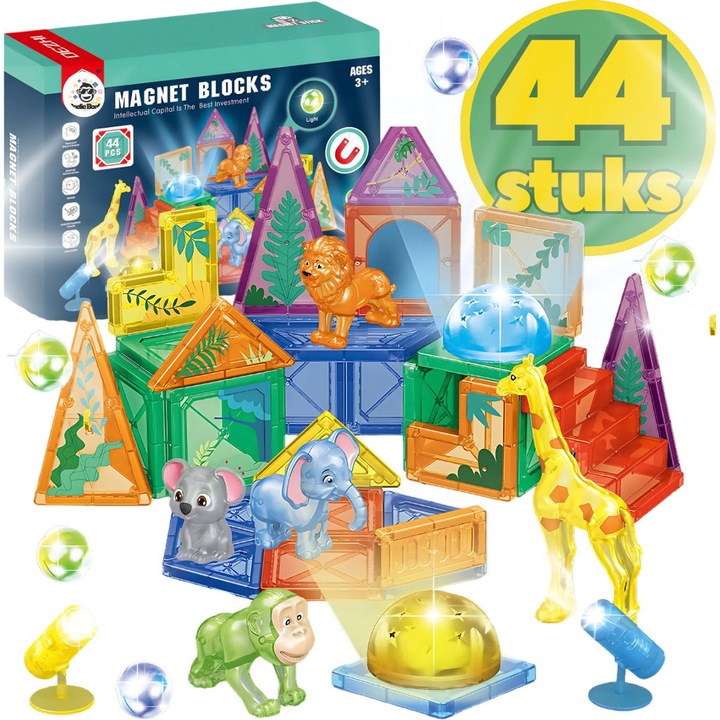 Set Inteligent Constructie Magnetic, Educativ, Creativ, VALA® FOREST ANIMALS MAGNETIC BLOCKS, 44 Piese, Numeroase Posibilitati Construit Creativ, Dezvoltarea Abilitatilor Motrice si a Imaginatiei