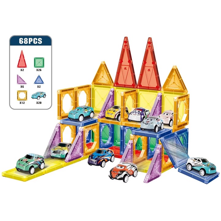 Set Inteligent Constructie Magnetic, Educativ, Creativ, VALA® PARKING CAR LOT MAGNETIC BLOCKS, 68 Piese, Numeroase Posibilitati Construit Creativ, Dezvoltarea Abilitatilor Motrice si a Imaginatiei