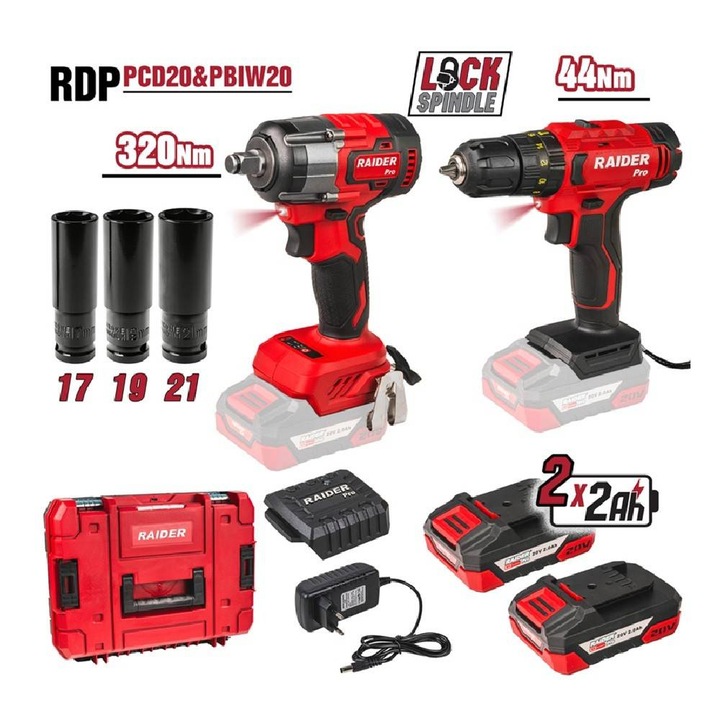 Fúró- és ütvecsavarozó készlet 1/2"x 320Nm, 2x2Ah akkumulátorral a készletben